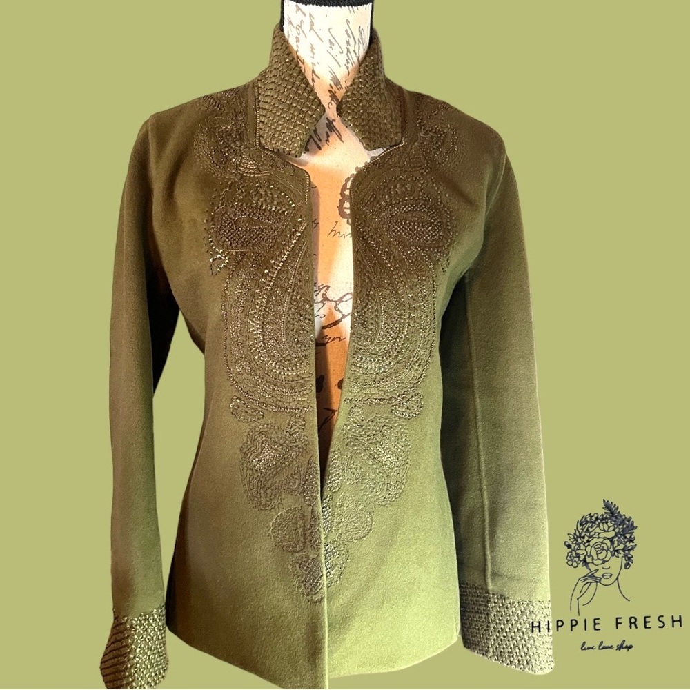 Linda Allard Ellen Tracy 100% Wool Open Front Silk Lined Jacket Embellished 6 - Picture 6 of 6
